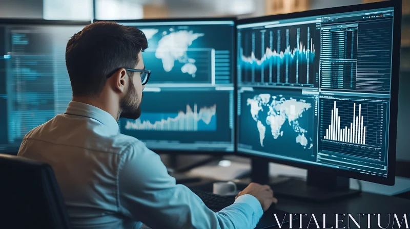 AI ART Man Analyzing Data on Computer Screens