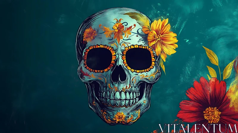 AI ART Skull with Flowers on Teal Background