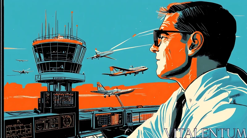 Retro Airport Control Scene Artwork AI Image