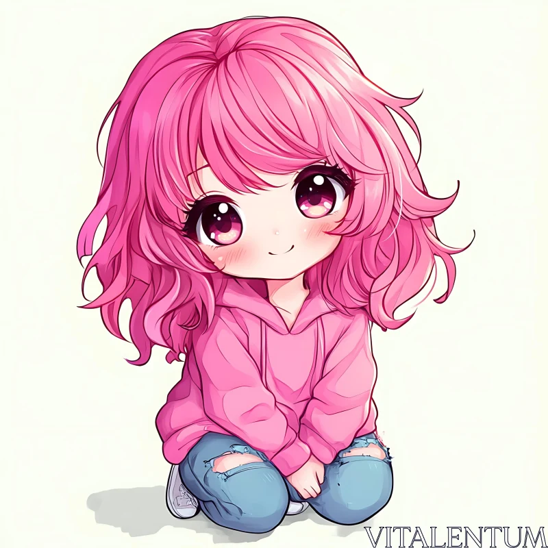 Chibi Anime Girl in Pink Hoodie and Jeans AI Image