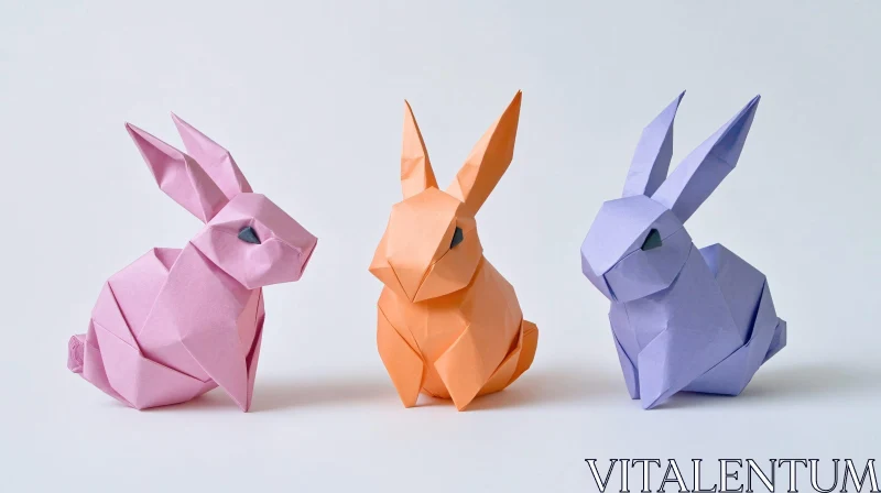 Colorful Origami Bunny Trio on White AI Image