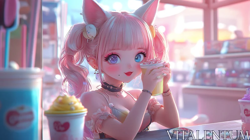 Cafe Scene with Anime Girl AI Image