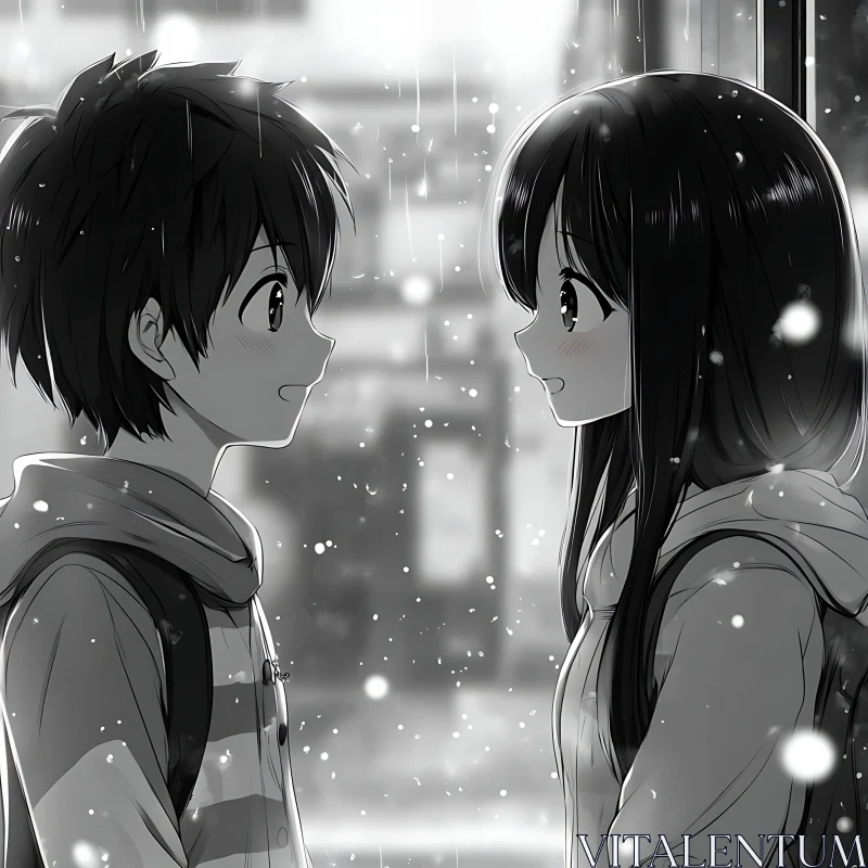 Anime Rainy Encounter Monochrome Art AI Image