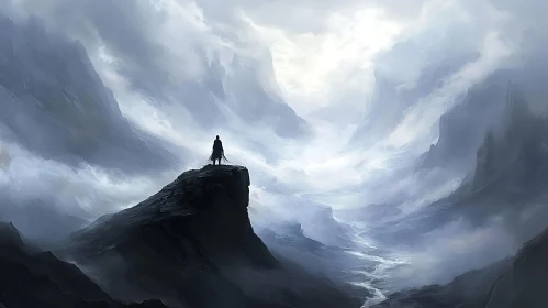 Figure on Cliff in Misty Valley