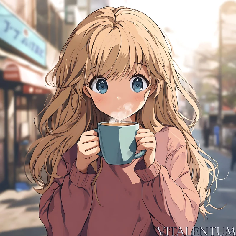 Anime Girl With Coffee Mug In Urban Morning Scene AI Image