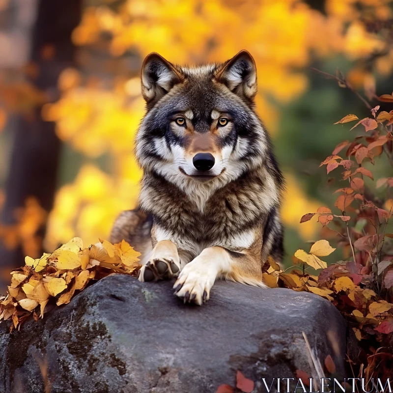 AI ART Autumn Wolf Portrait on Rocky Outcrop