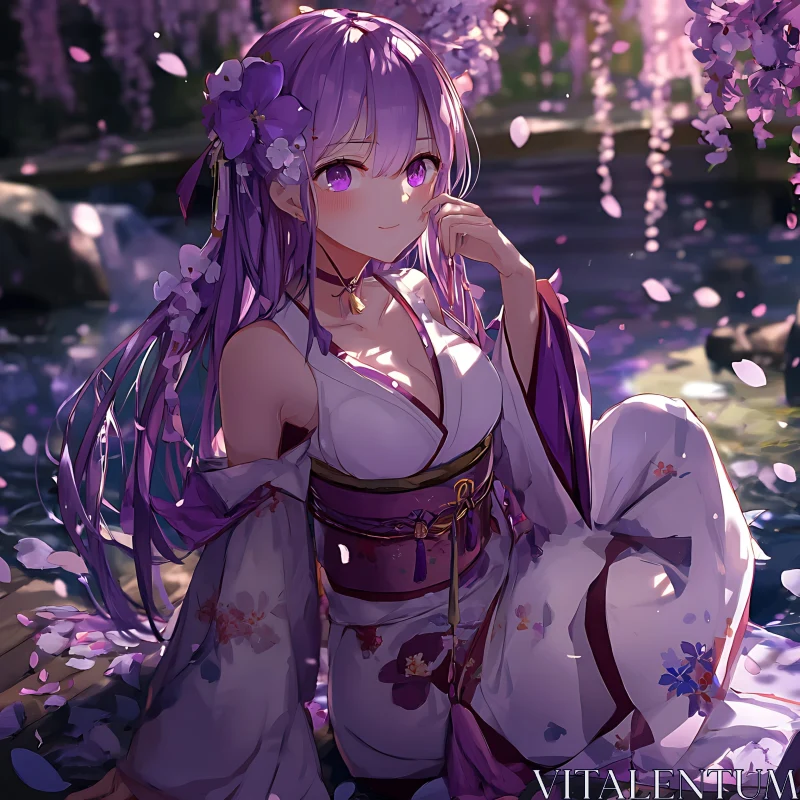 Graceful Anime Girl with Floral Adornments AI Image