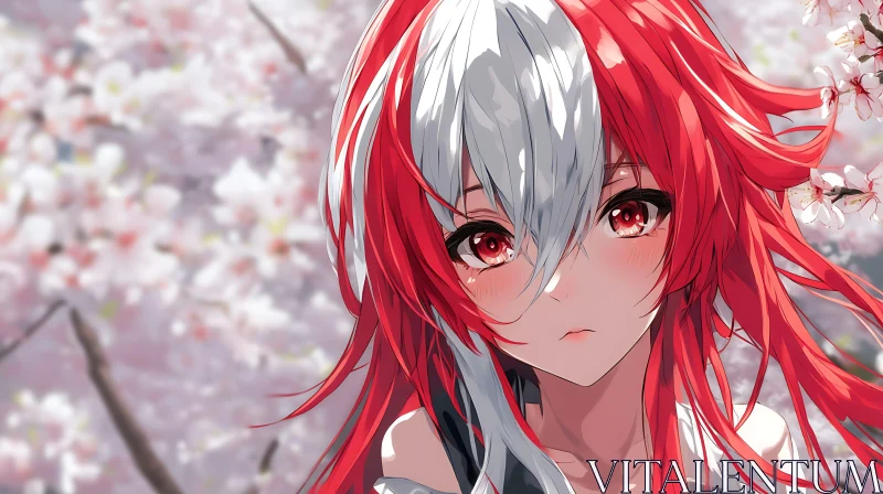 Character with Red and White Hair in Cherry Blossom Setting AI Image