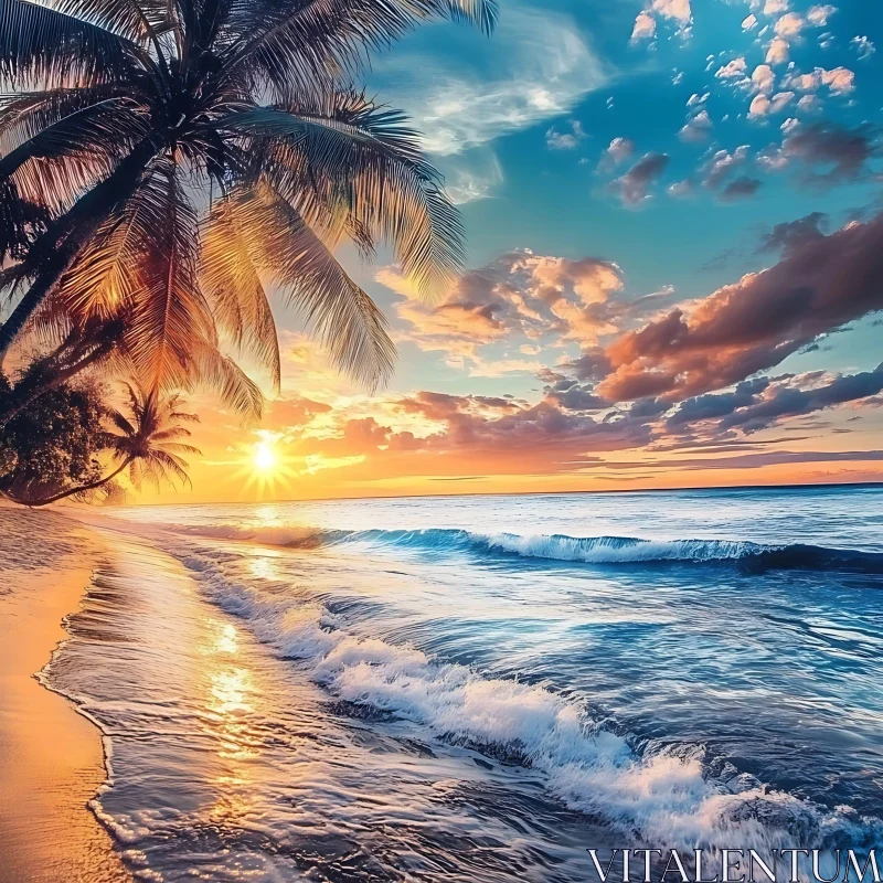 AI ART Ocean Sunset with Palm Trees