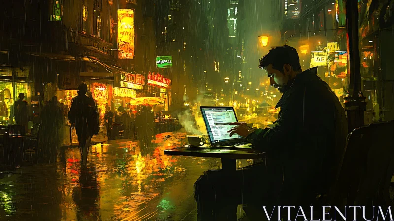 AI ART Rainy Night Work Session in City