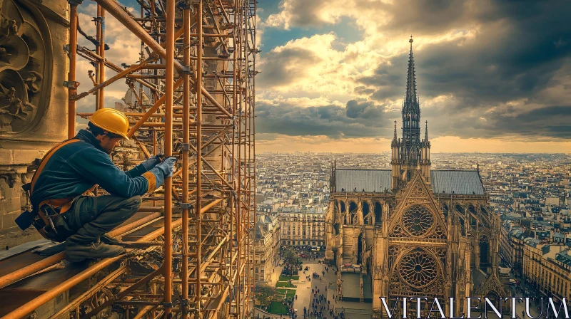 Gothic Cathedral and Worker Above Cityscape AI Image