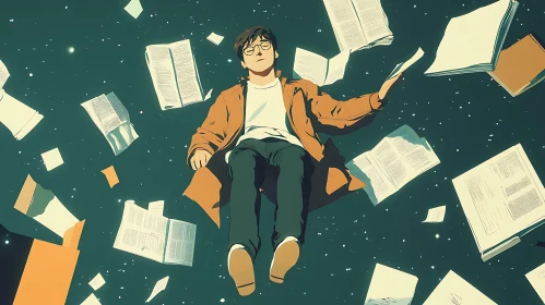 Man Floating with Books Illustration