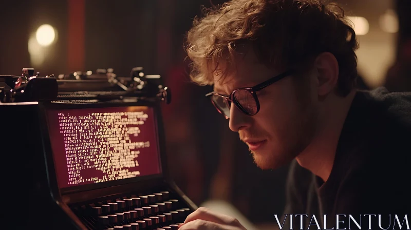 Man Using Typewriter with Digital Screen AI Image