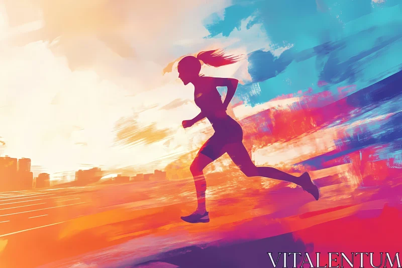 Energetic Silhouette of a Female Runner Against a Vivid Sunset AI Image