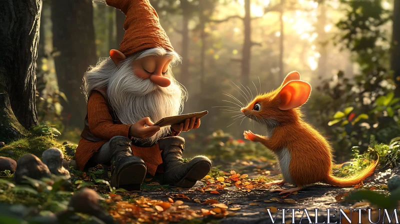 Whimsical Forest Encounter: Gnome and Mouse AI Image