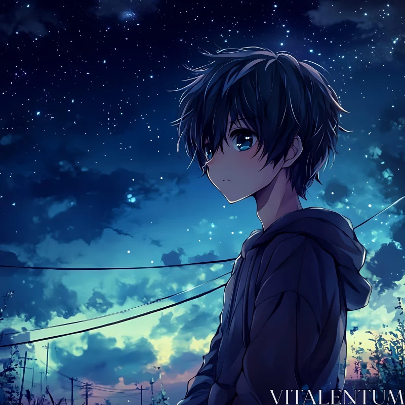 Reflective Anime Character at Night AI Image