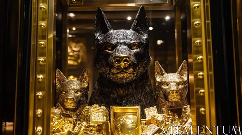 Exquisite Dog Statues Surrounded by Golden Artifacts AI Image