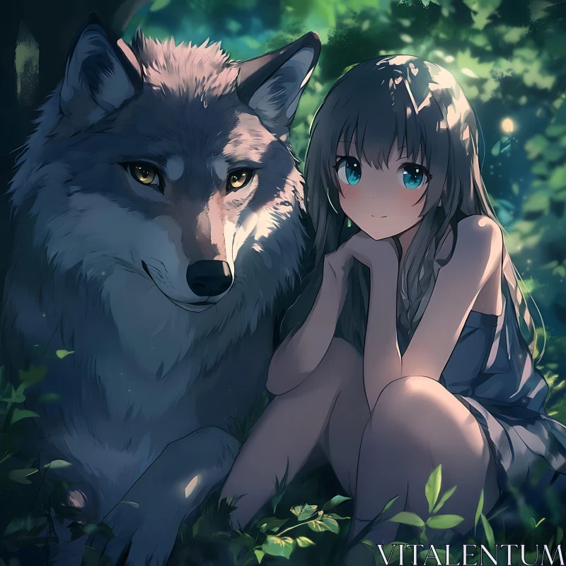 AI ART Wolf and Girl Anime Illustration