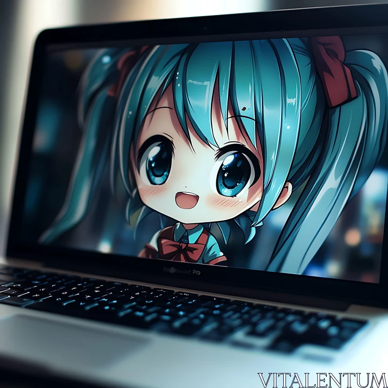 Cheerful Anime Character Displayed on Laptop AI Image