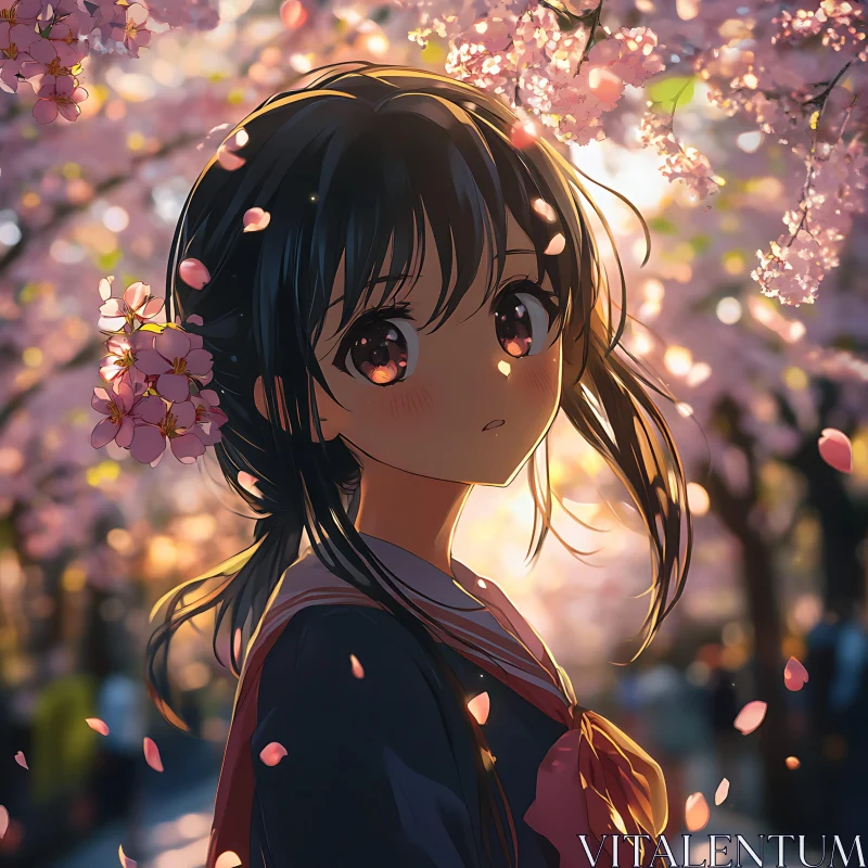 Cherry Blossom Anime Girl at Sunset AI Image