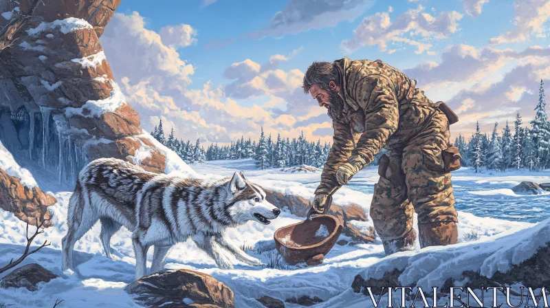 AI ART A Snowy Encounter: Man Giving Water to Wolf