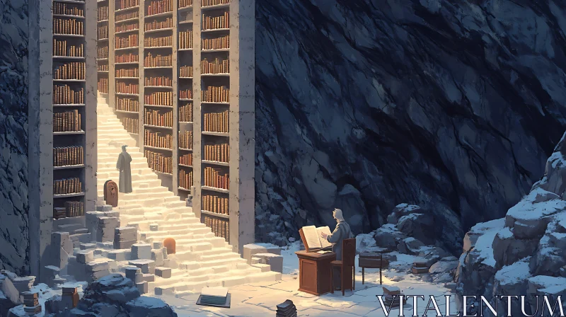 Snowy Library Steps AI Image