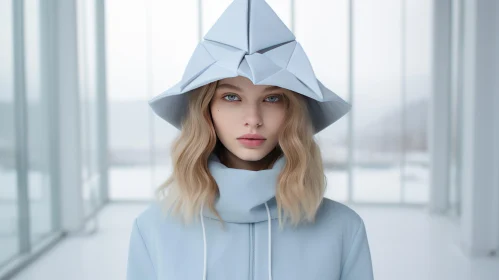 Beautiful Winter Girl with Origami Hat in Light Gray and Light Azure