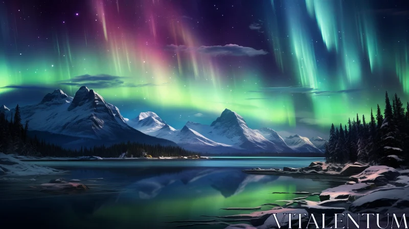Breathtaking Aurora Borealis Above Lake and Trees Illustration AI Image