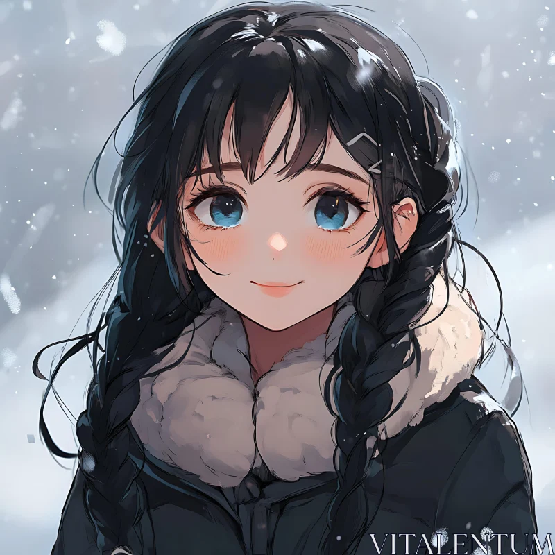 Anime Girl with Braids in Snowy Winter AI Image