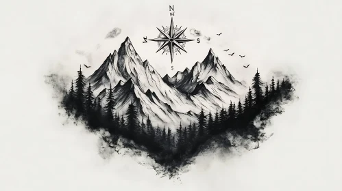 Monochrome Mountain Landscape with Compass