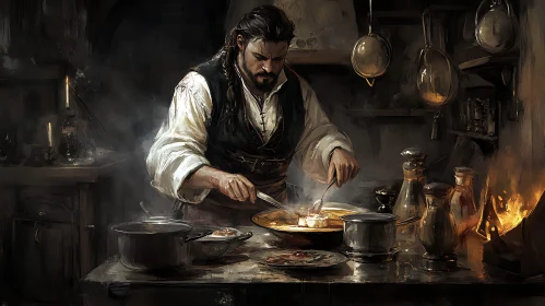 Man Cooking in Rustic Kitchen Painting