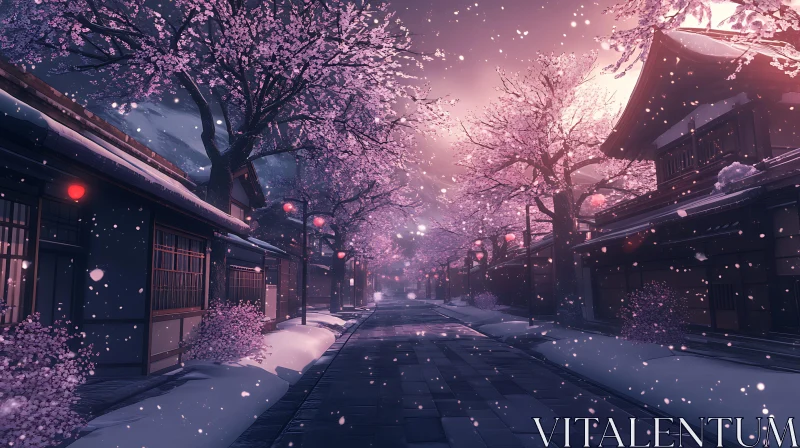 Cherry Blossoms and Snow on a Winter Night AI Image