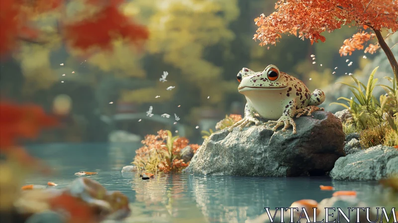 AI ART Tranquil Landscape with Frog and Autumn Leaves