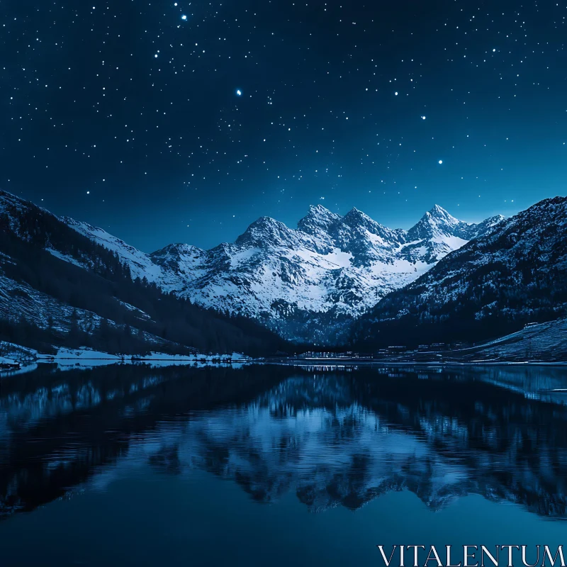 Night Sky Reflection over Mountains AI Image