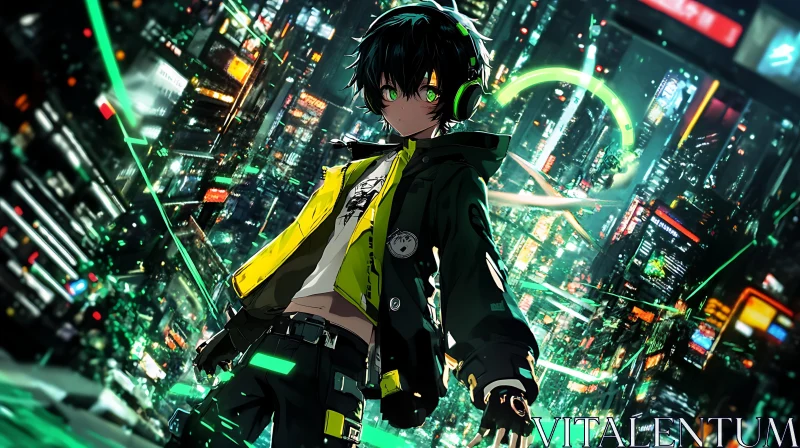 Neon Cityscape with Anime Character AI Image