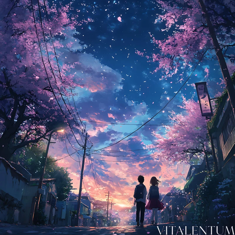 Serene Anime Couple Under Cherry Blossom Canopy AI Image