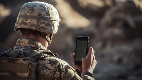 Military Man Using Mobile Device