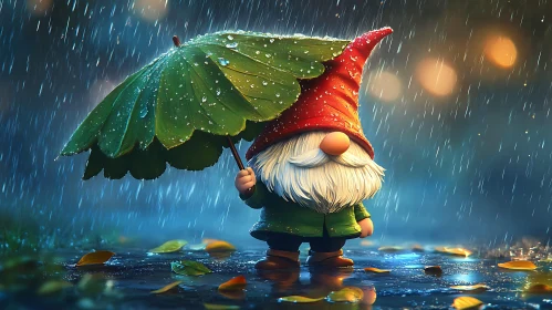 Whimsical Gnome in Rainy Weather