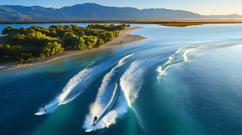 Surfers on Turquoise Waves with Mountain Backdrop