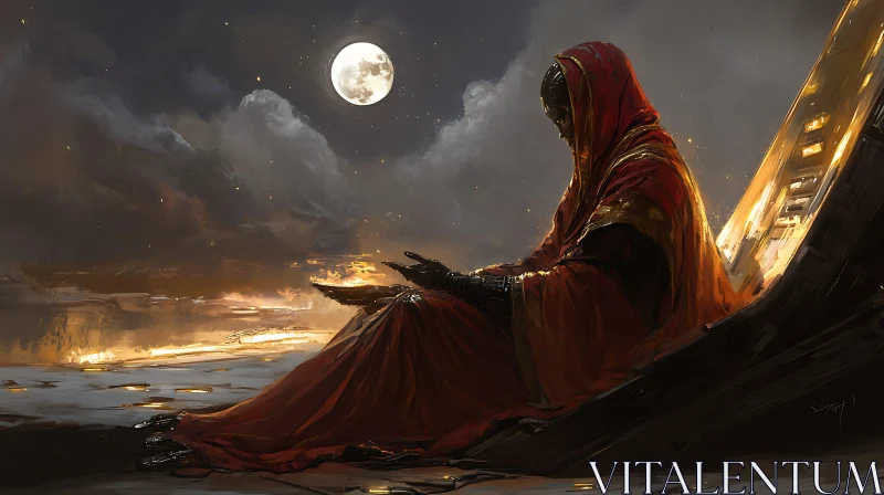 AI ART Figure in Red Cloak Under Moonlit Sky