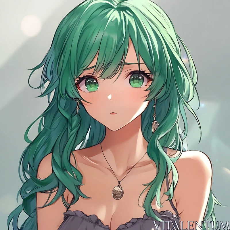 Anime Girl with Green Hair and Gentle Expression AI Image