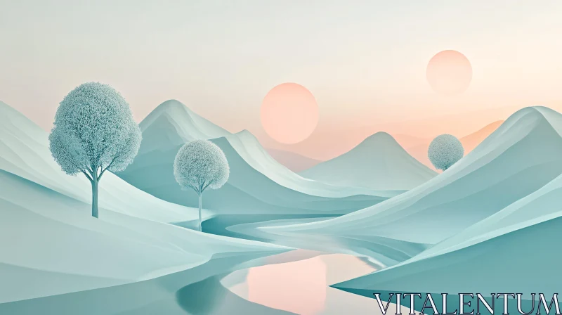 AI ART Dreamlike Pastel Landscape with Double Suns