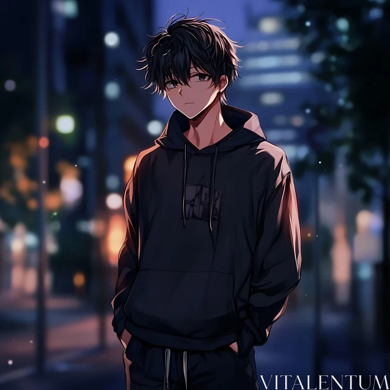 Moody Anime Figure on Night City Street AI Image