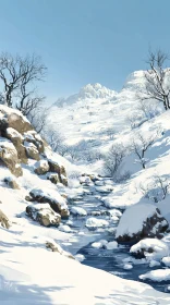 Snowy Mountain Scene with Flowing Stream and Clear Sky