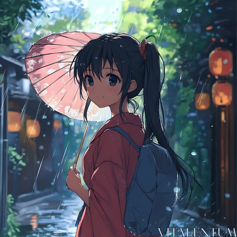 Rainy Night Scene with Anime Girl AI Image