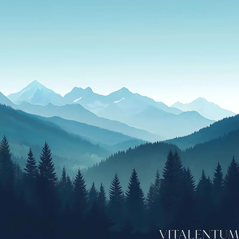 Misty Blue Mountain Forest Scenery AI Image