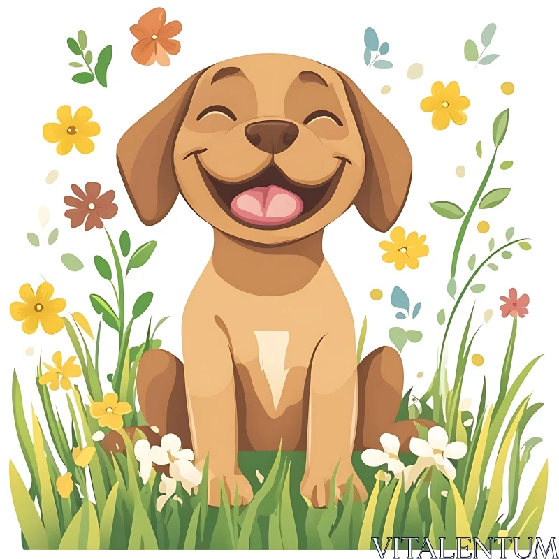 Happy Brown Dog Surrounded by Flowers AI Image