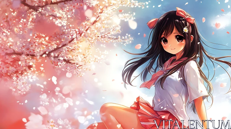 Anime Girl Under Cherry Blossom Tree AI Image