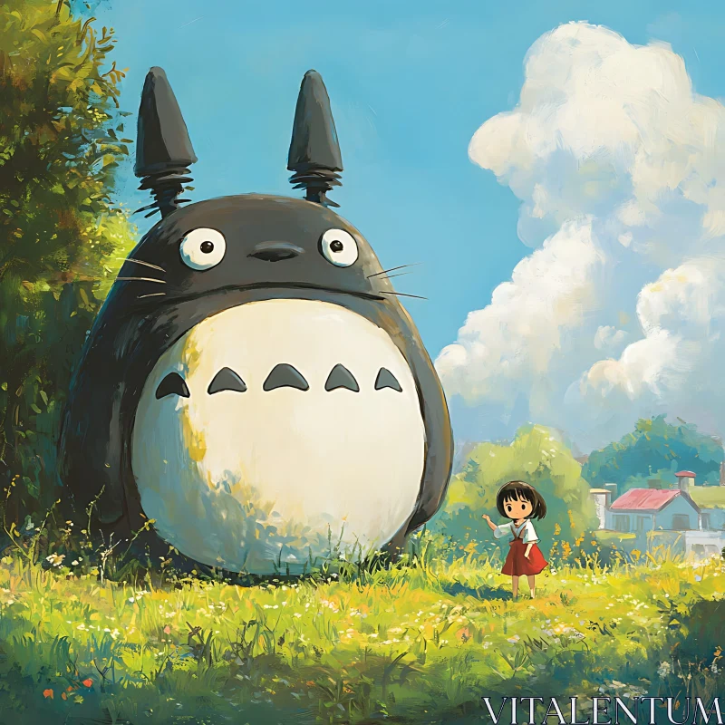 Anime Fantasy: Child and Giant Creature in Nature AI Image