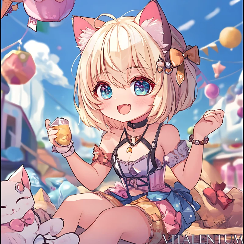 Cute Anime Cat Girl with Blond Hair Enjoying Festival AI Image